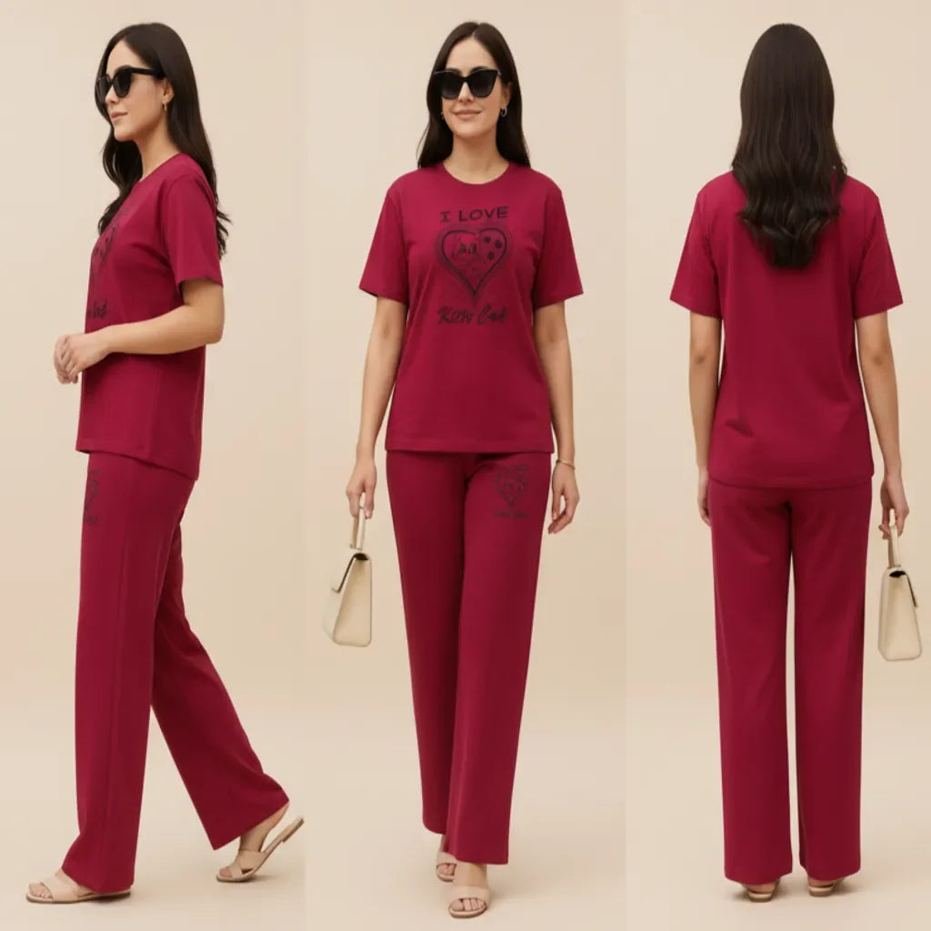 Woman modeling a red outfit with a heart design on a beige background