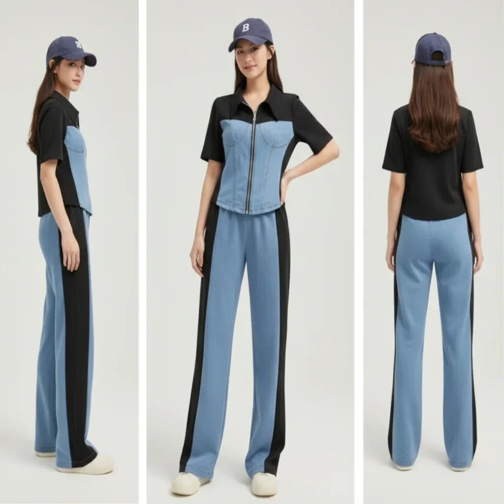 Person wearing a black and blue outfit with a cap, shown from front, side, and back views.