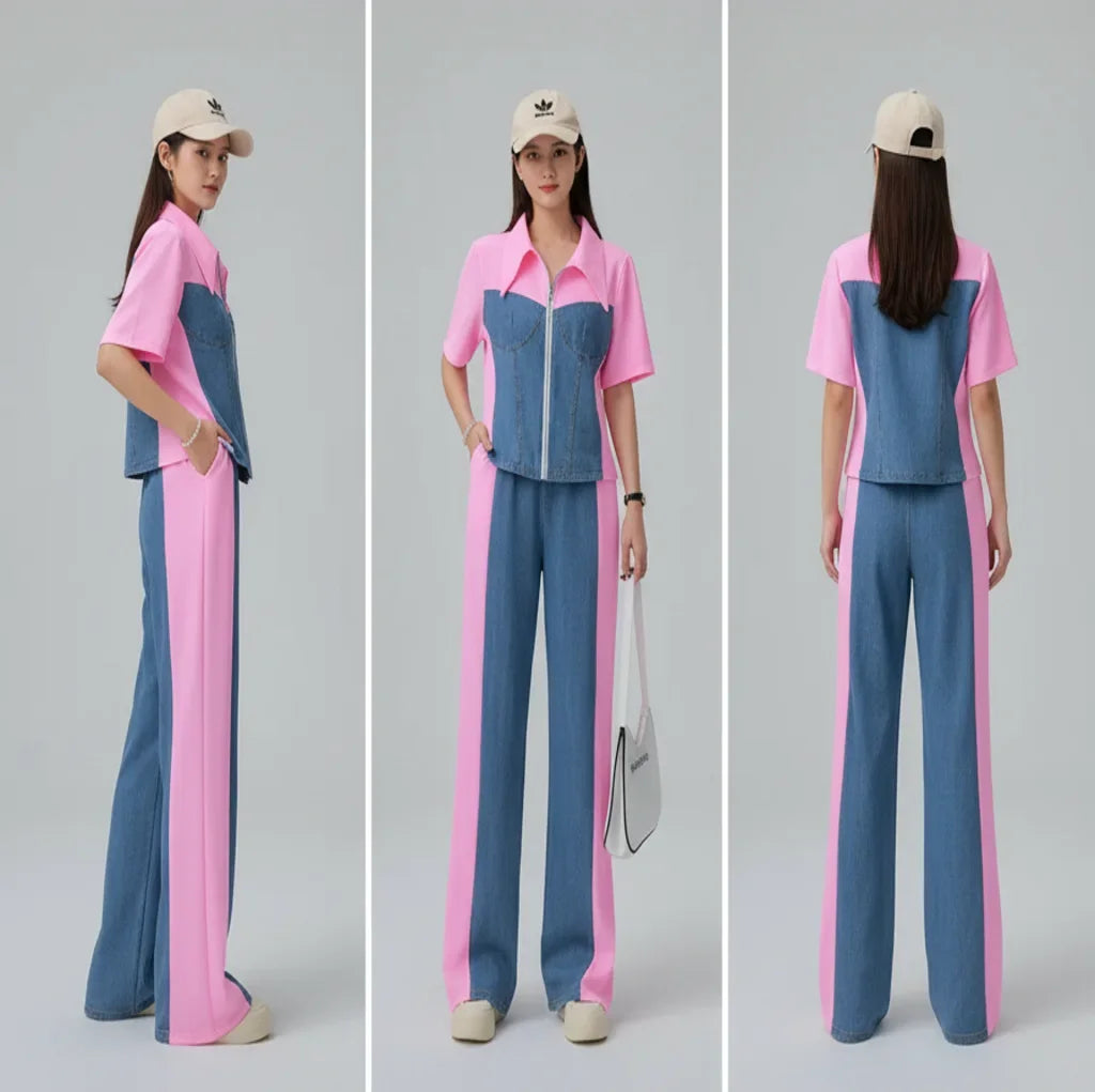 Woman modeling a pink and blue denim coord outfit with a cap on a gray background