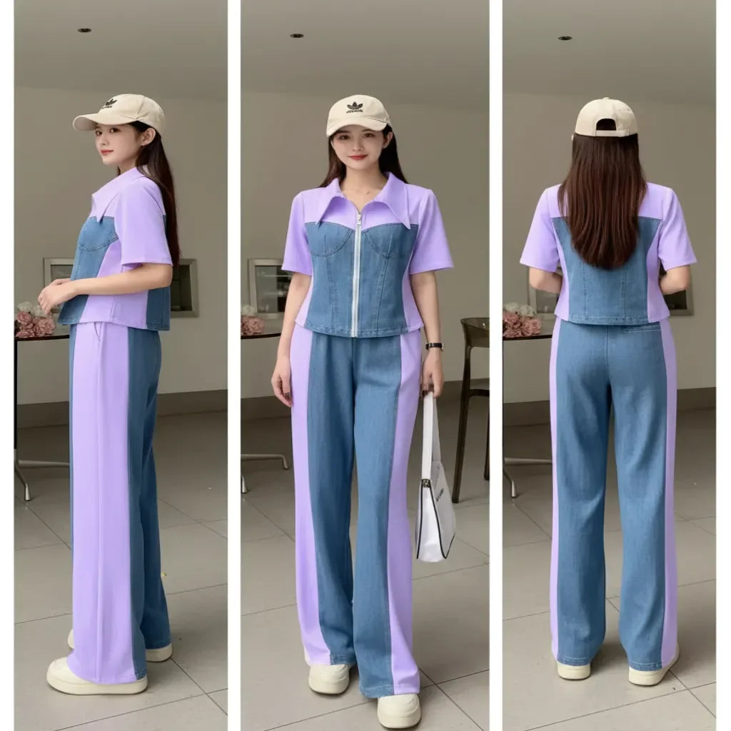 Three views of a person wearing a purple and blue denim outfit with a cap indoors.