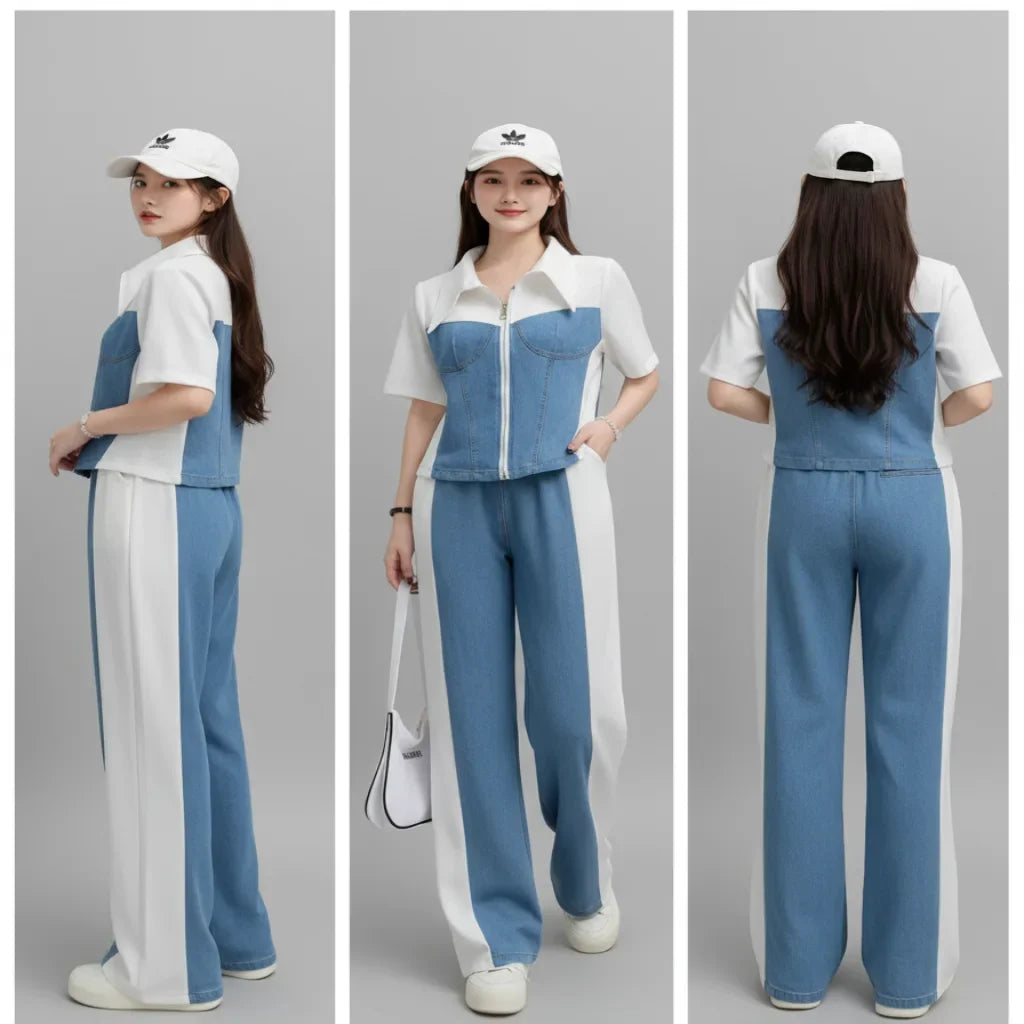Woman modeling a blue and white outfit with a cap from different angles on a gray background