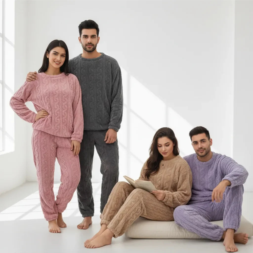 Two couples wearing cozy pajamas in a bright, minimalistic room.