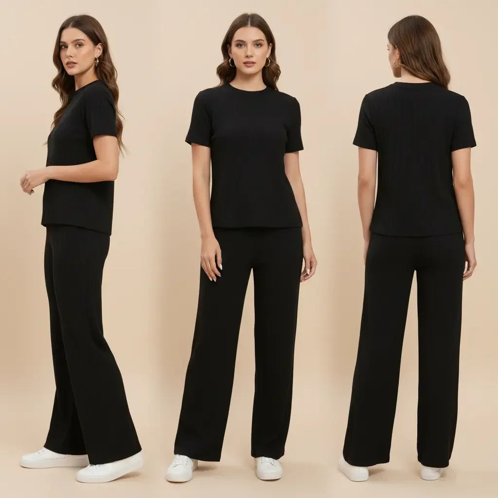 Woman modeling a black outfit from front, side, and back views on a beige background
