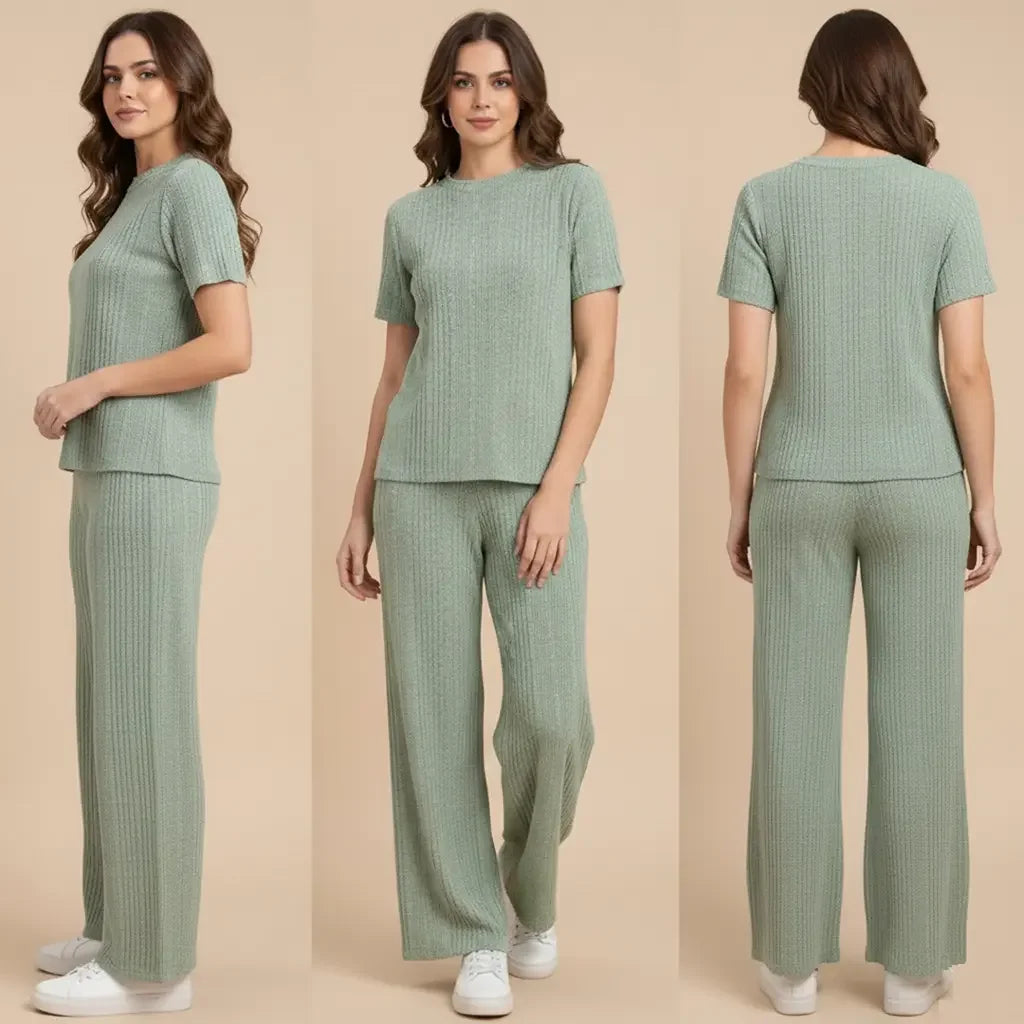 Woman modeling a green ribbed outfit from front, side, and back views on a beige background.