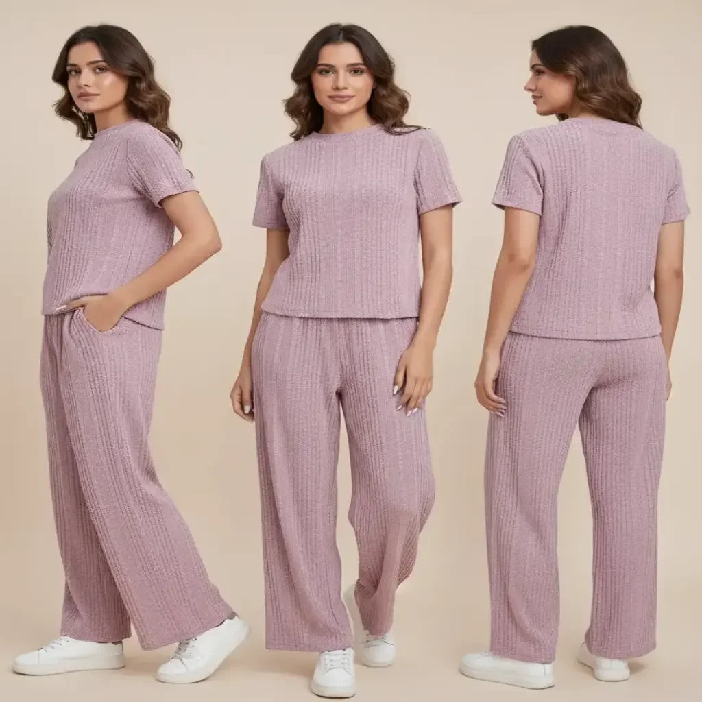 Woman wearing a matching pink outfit with a top and pants, shown from front, side, and back views.