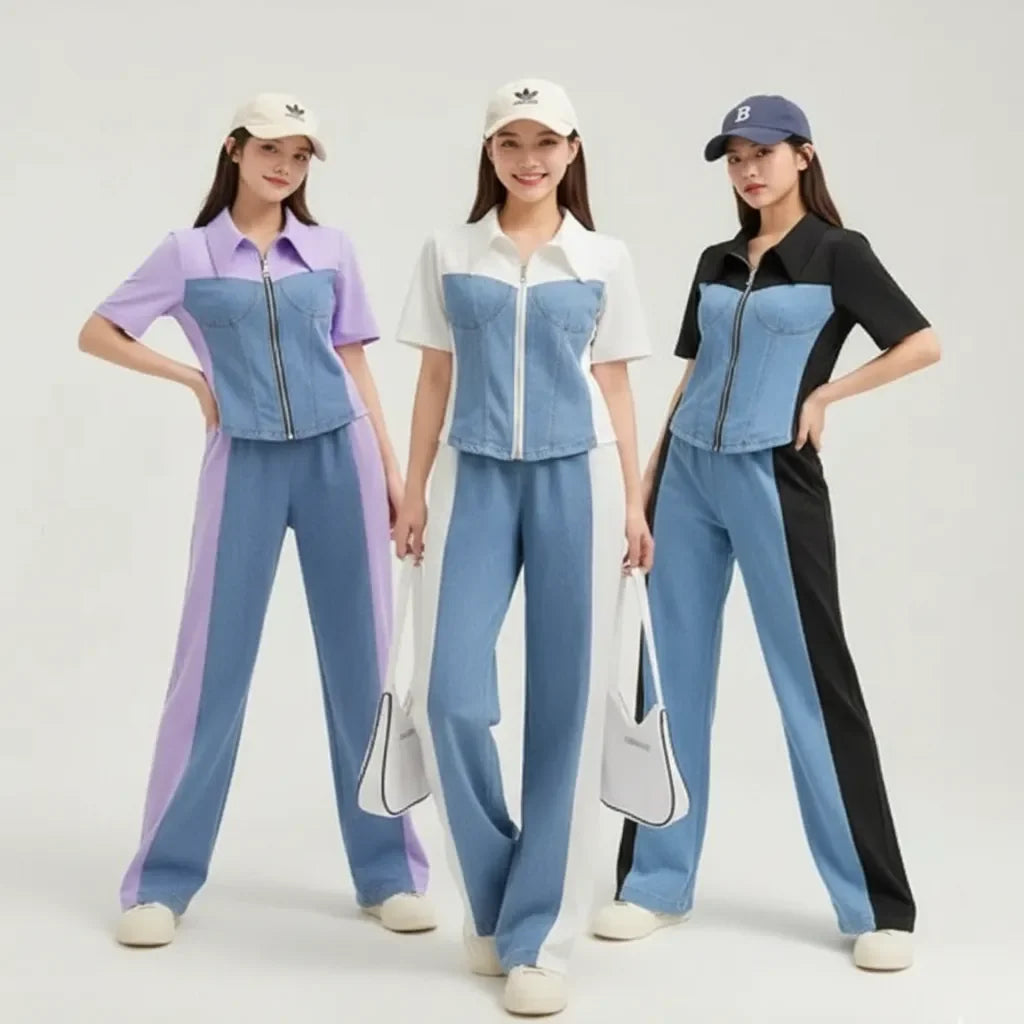 Three women wearing matching denim outfits with color block designs on a white background.